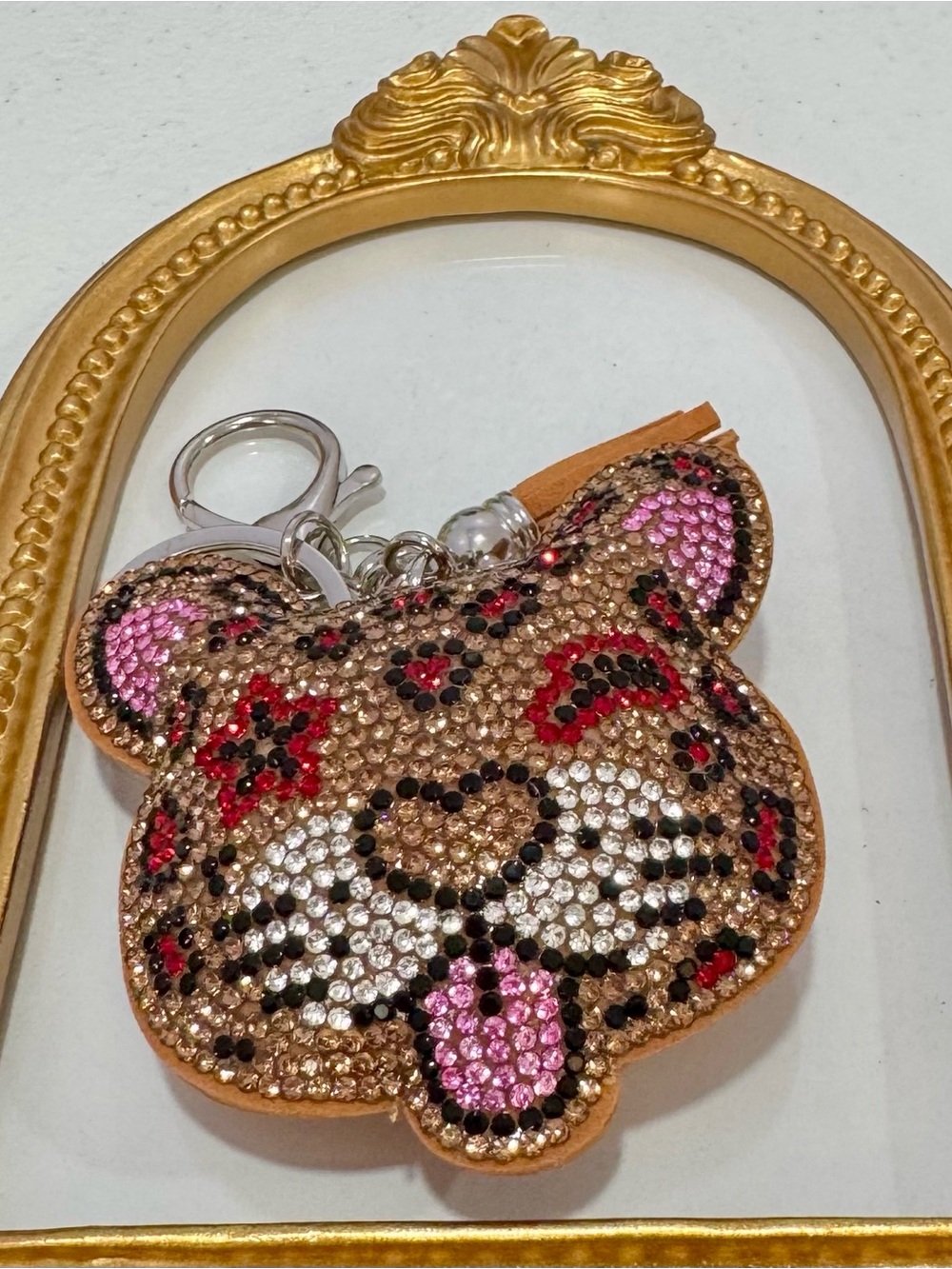 New Brown Crystal Leopard Head w/ red accents Keychain